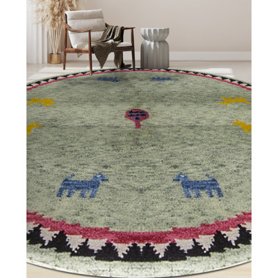 Tapis vert rond de haute qualité noué à la main