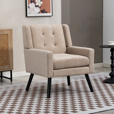 26.77" Mid-Century Modern Accent Chair, Upholstery Comfy Armchair With Button-Tufted Back, High-Density Foam Cushion And Black Solid Wood Legs by George Oliver