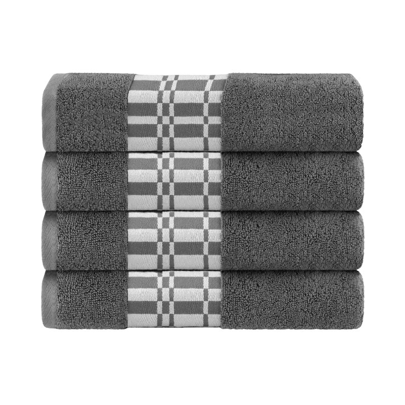 Mikira Larissa Cotton Medium Weight Geometric Border Bath Towel (Set of 4), Gray