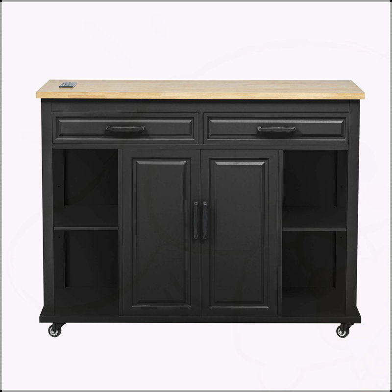 Îlot de cuisine polyvalent avec table extensible et multiples fonctionnalités, Noir