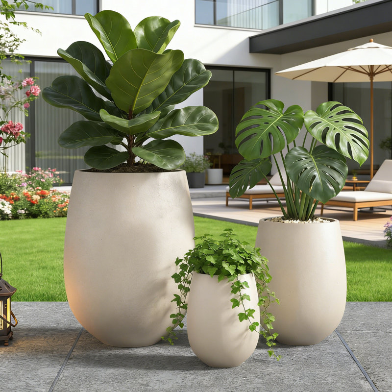 American Modern 3-Size Outdoor Planter Set With Weather-Resistant MGO Construction, Light Beige