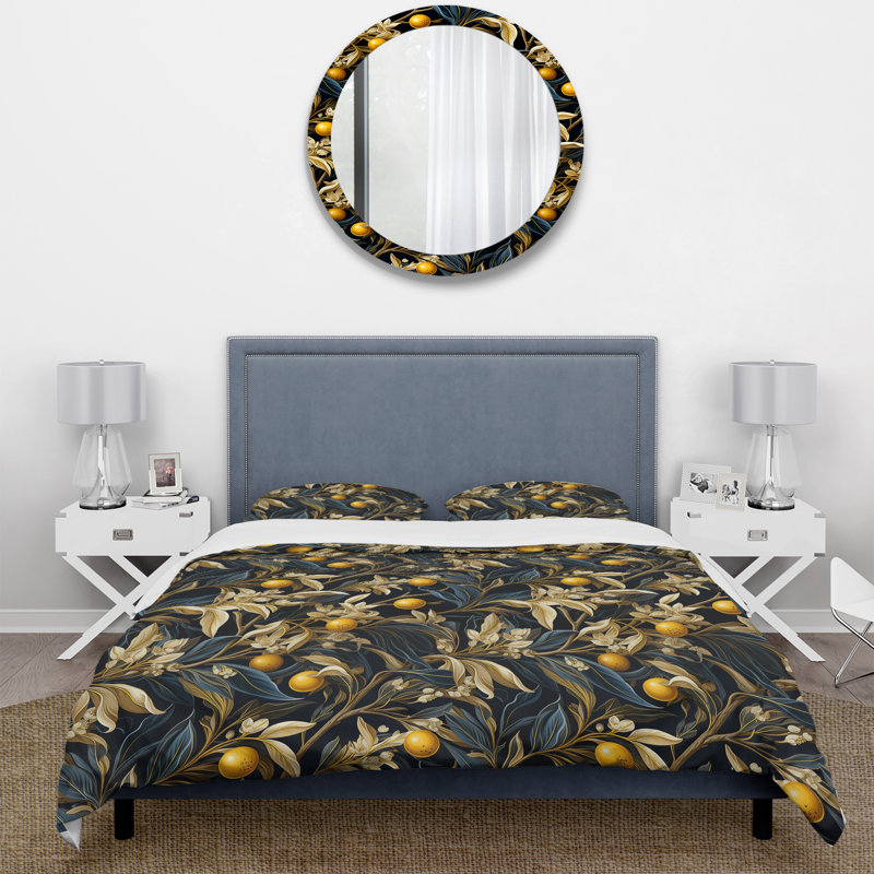 Yellow And Black Lemon Tree Pattern Polyester Floral Duvet Cover Set, Twin Duvet Cover + 1 Standard Sham
