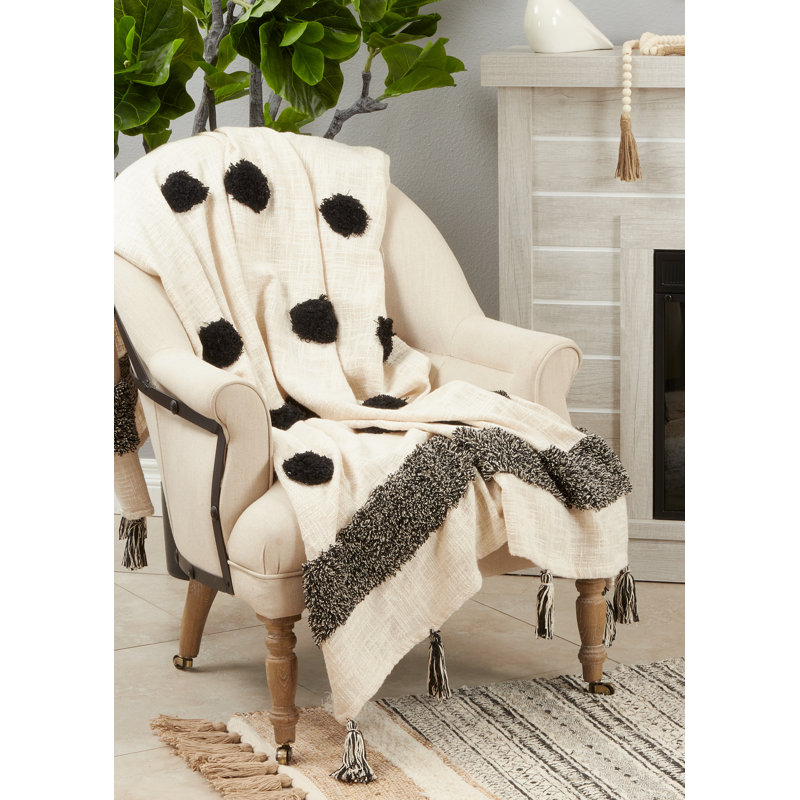 Black and White Cotton Tufted Dot Throw Blanket with Tassels