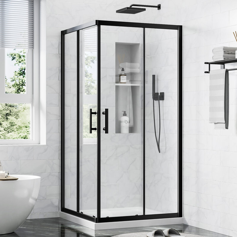 Cabine de douche d'angle 36 po x 36 po x 72 po avec portes coulissantes doubles, verre trempé 1/4 po avec film de sécurité, largeur réglable et conception imperméable