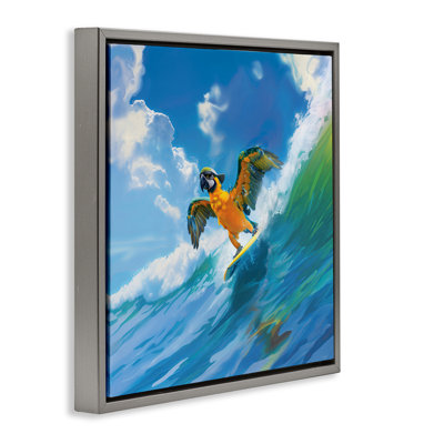 Parrot Surfing Sea Waves Framed Floater Canvas Wall Art by Jim Baldwin