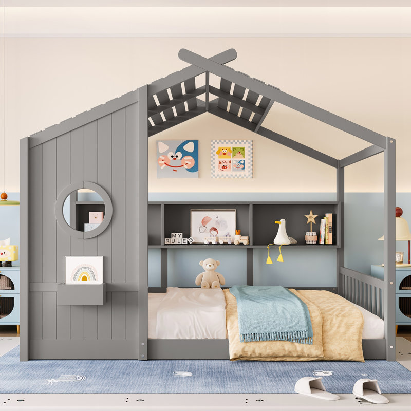 Lit Floor House avec tablette de rangement, Gris, Lit double