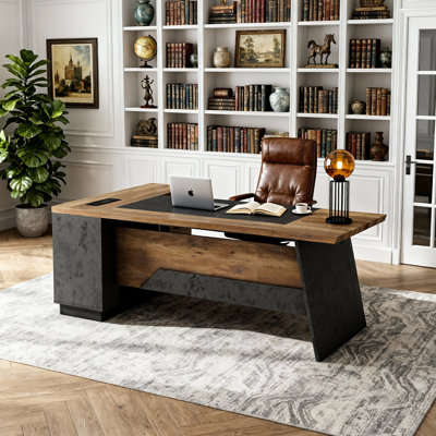 L-Shaped Executive Desk with Sliding Cabinet Doors, Power Outlet Panel and Front Apron, File Storage Shelves, Modern Large Computer Desk for Home Office