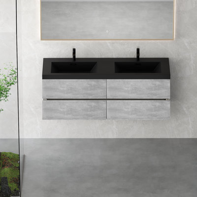 Meuble-lavabo flottant 60 po avec lavabo, meuble-lavabo mural moderne 60 po avec deux lavabos en quartz noir et quatre tiroirs à fermeture en douceur, gris ciment EDI 24V12-60GR