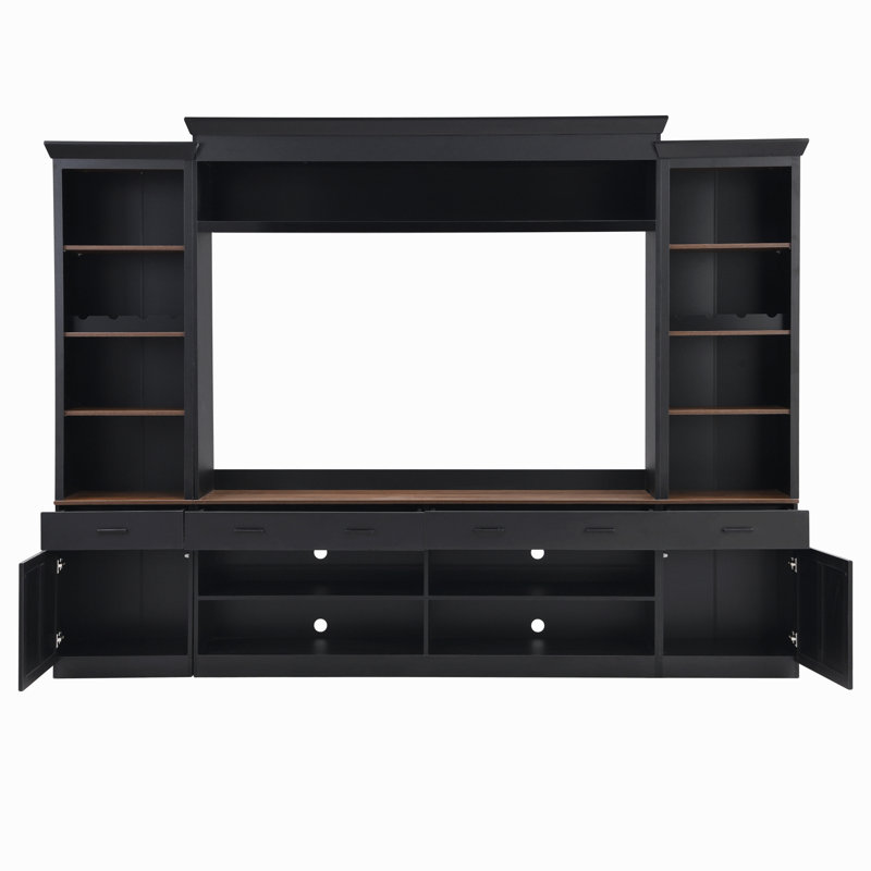 Farmhouse 4-Piece Entertainment Center With Bookshelf For Tvs, Walnut Tv Stand With Adjustable Shelves, Mid-Century Media Console With Wine Rack For Living Room