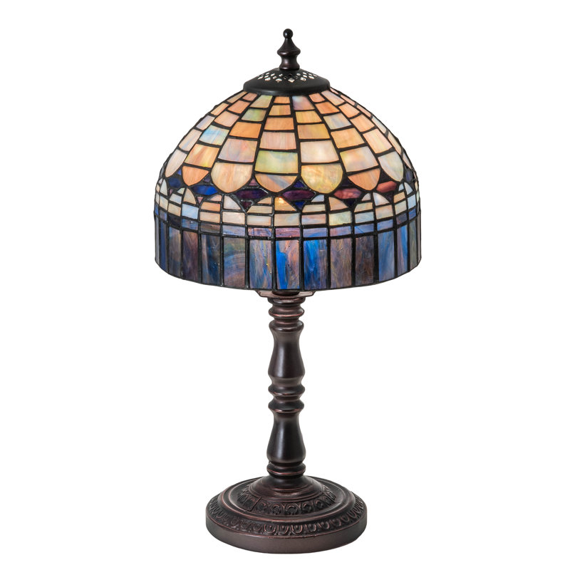 Meyda 14" Arc Stained Glass Bronze Table Lamp with Multicolor Shade