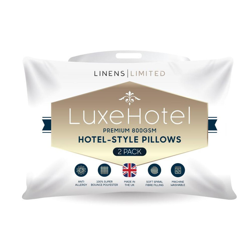 Linens Limited Soft Pillows, Made in the UK, Hotel Quality, LuxeHotel Bounce Back Pillows, Soft and Firm with Orthopedic Support, Non-Allergenic, Machine Washable - Pack of 2