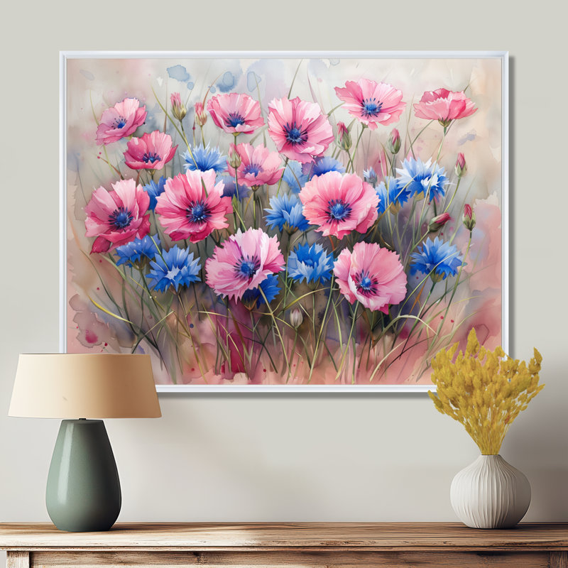 «Blue Blue Delicate Cornflower Petals I» - impression d'art mural bleuets, Cadre flottant blanc, H 24 po x l 32 po