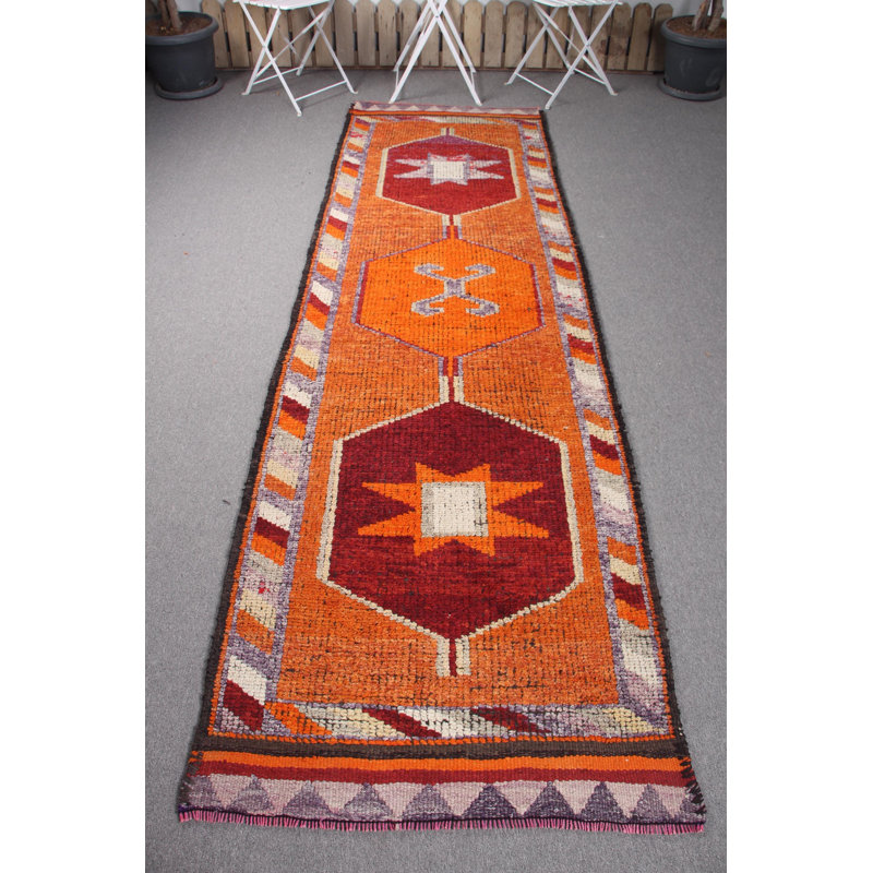 Tapis turc antique en laine avec pampilles de couleur orange vif Herki