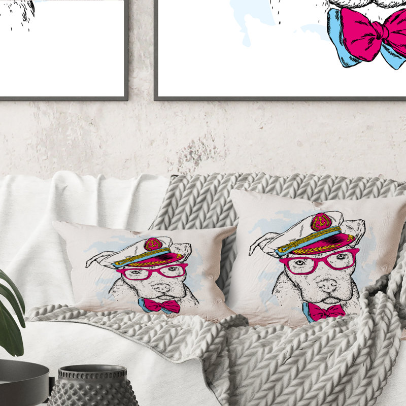 Portrait d'un chien avec des lunettes fuchsia et un chapeau - Coussin décoratif pour enfants