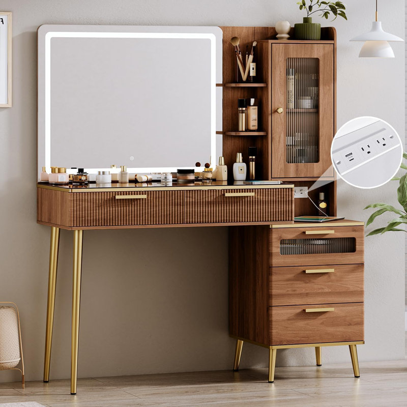 Bureau de coiffeuse avec miroir à DEL, coiffeuse de maquillage de 47 po avec station de charge, 5 tiroirs et armoire latérale amovible, coiffeuse en verre trempé pour la chambre à coucher | Conception cannelée | Miroir à DEL