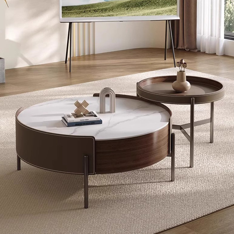 Saddle leather rock slab creative tea table, Brown/White