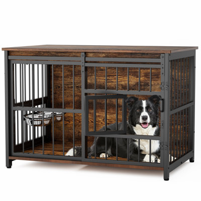 Mobilier de cage pour chien, cage pour chien en bois robuste avec porte de grange coulissante, à l'épreuve des fuites et à l'épreuve du mâchonnage, fenêtre interactive pour chiens souffrant d'anxiété élevée, double porte, bols réglables à 360 °