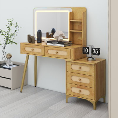 Bureau de coiffeuse lumineux avec tiroirs en rotin, tablette de rangement et éclairage réglable