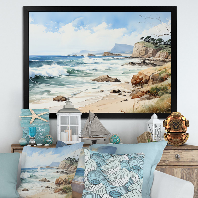 Rocky Beach Coastal Serenity I, H 24 po x l 32 po x P 1 po, Cadre simple noir