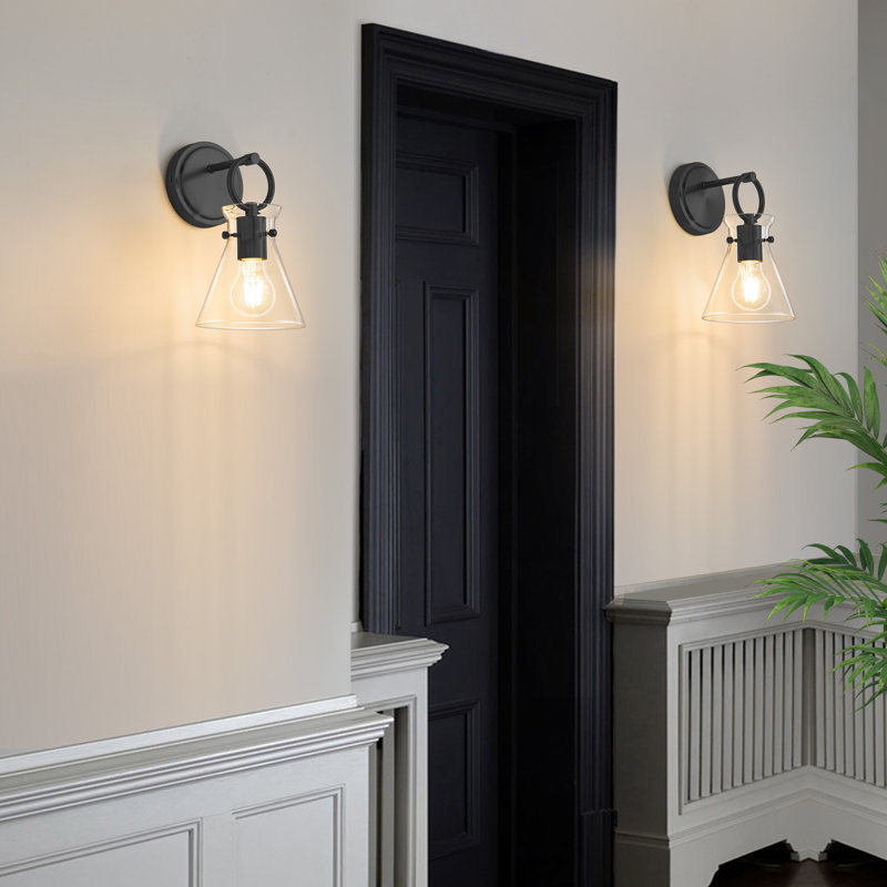 Cadal Modern Steel Armed Sconce with Cone Clear Glass Shade Wall Sconces , Matte Black