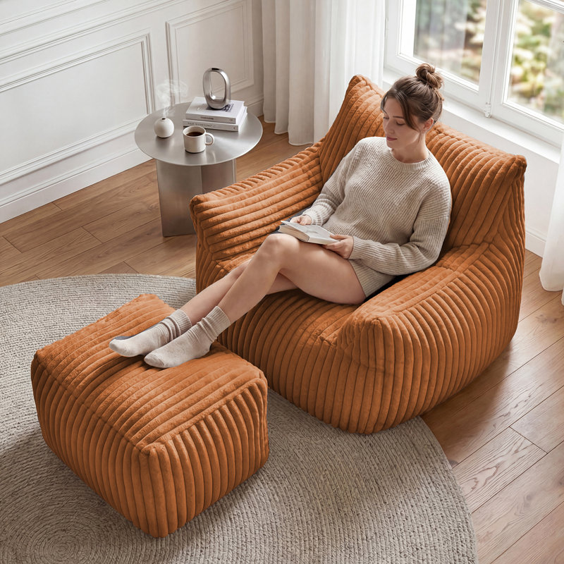Set of 2 Oversized 46" Compression Corduroy Foam Bean Bag Chair with Ottoman(Set of 2), Orange