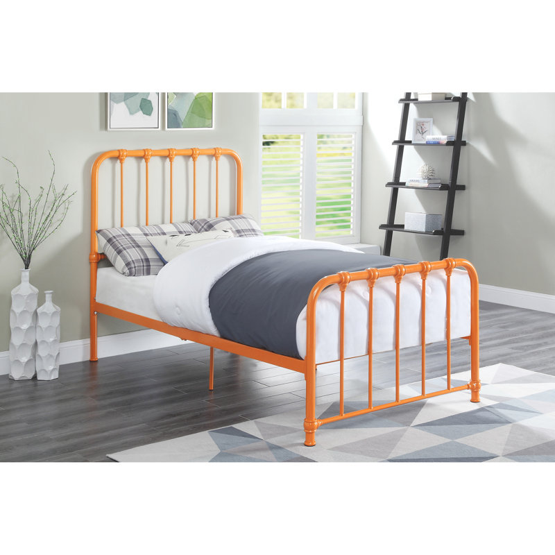 Structure de lit orange en métal pour lit simple, aucune base requise dans la chambre à coucher, charmant sommier orange, sommier tapissier nécessaire