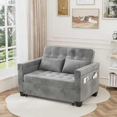 Everly Quinn 38 Inches Wide Convertible Sofa Bed, 2-Seater Velvet Loveseat Sofa With Small Side Table, Versatile Sleeper Couch For Living Room, Office