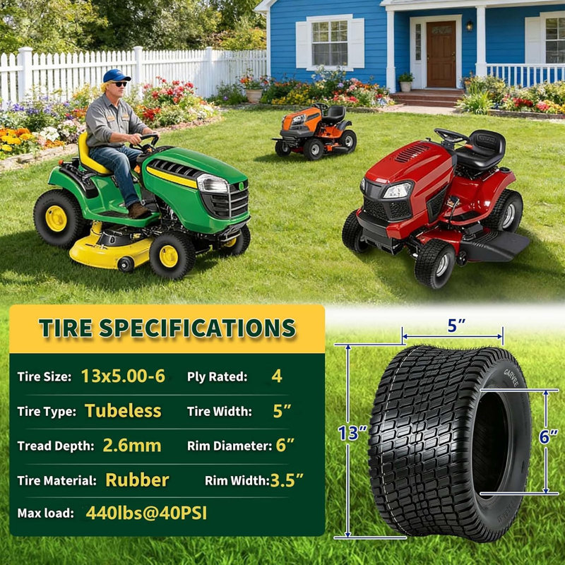 Set Of 2 13x5.00-6 4PR Ct513 Tubeless Turf Tires, Heavy Duty Lawn Friendly Rubber Tyres Without Rim for Riding Mower Garden Tractor Golf Cart Utility Vehicle