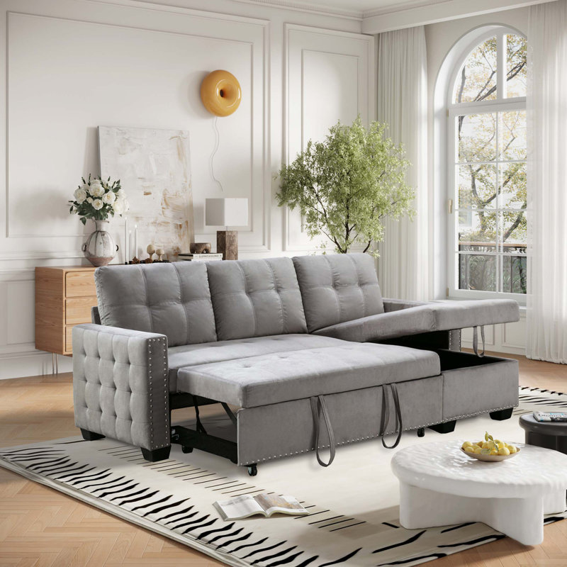 77 Inch Reversible Sectional Storage Sleeper Sofa Bed, L-Shape 2 Seat Sectional Chaise With Storage, Skin-Feeling Velvet Fabric Color For Living Room Furniture