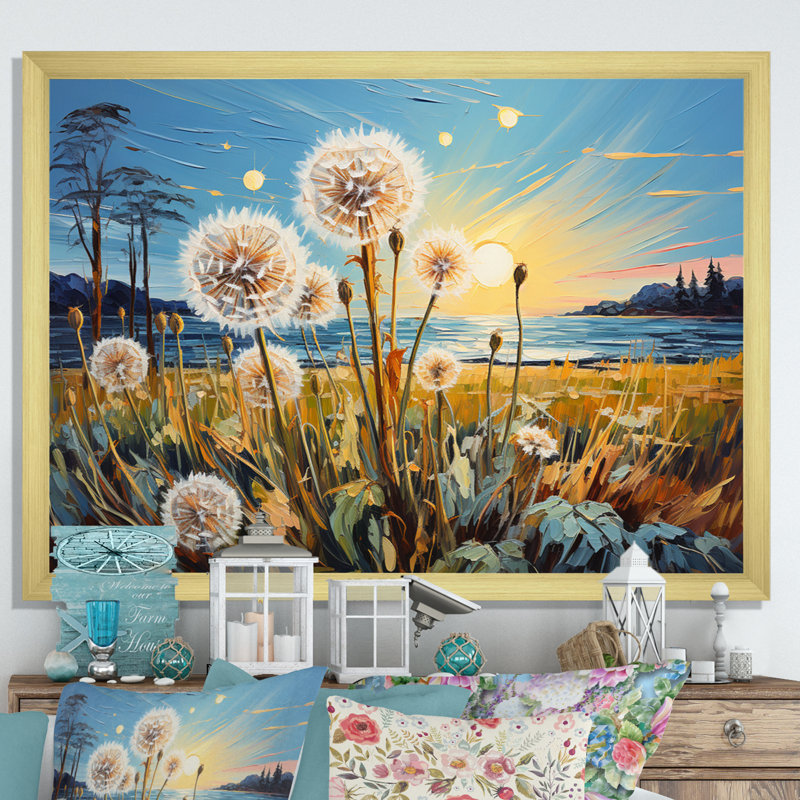 «Landscape Vangogh Dandelions Field I» sur toile, Cadre doré simple, H 24 po x l 32 po x P 1 po