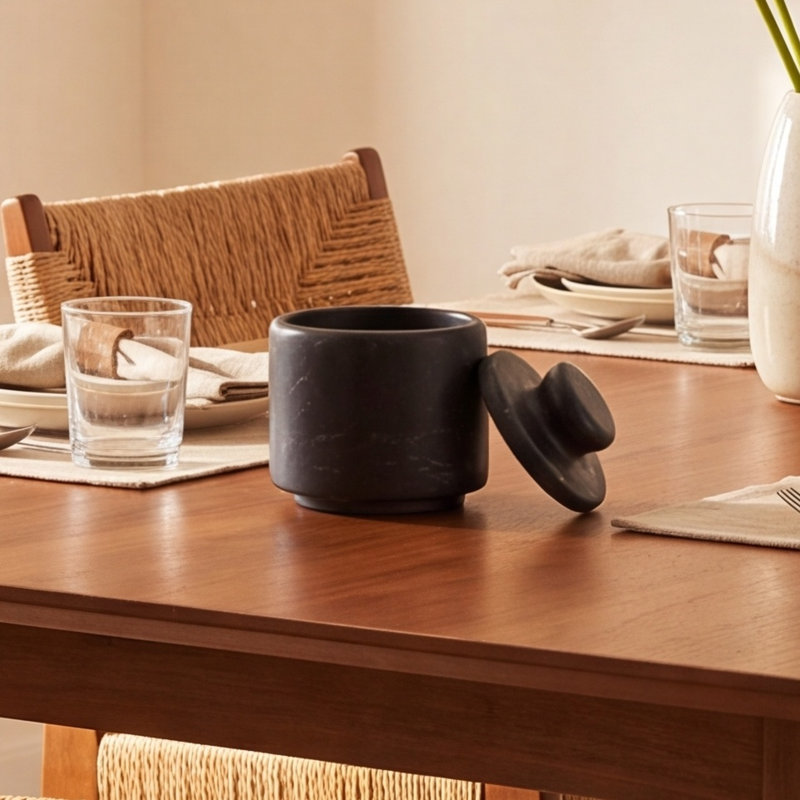 Artifacts Marble Salt Cellar with Lid, Black Matte