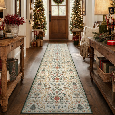 Kaldi Floral Washable Christmas Area Rug – Intricate Nature-Inspired Design, Non-Slip Soft Floor Mat for Living Room, Bedroom, and Entryway