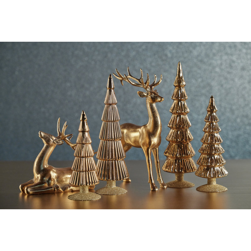 Merrigan Light Green Glass Tree on Gold Glitter Base, Set of 2, 10.75" H x 3.5" W x 3.5" D, Gold