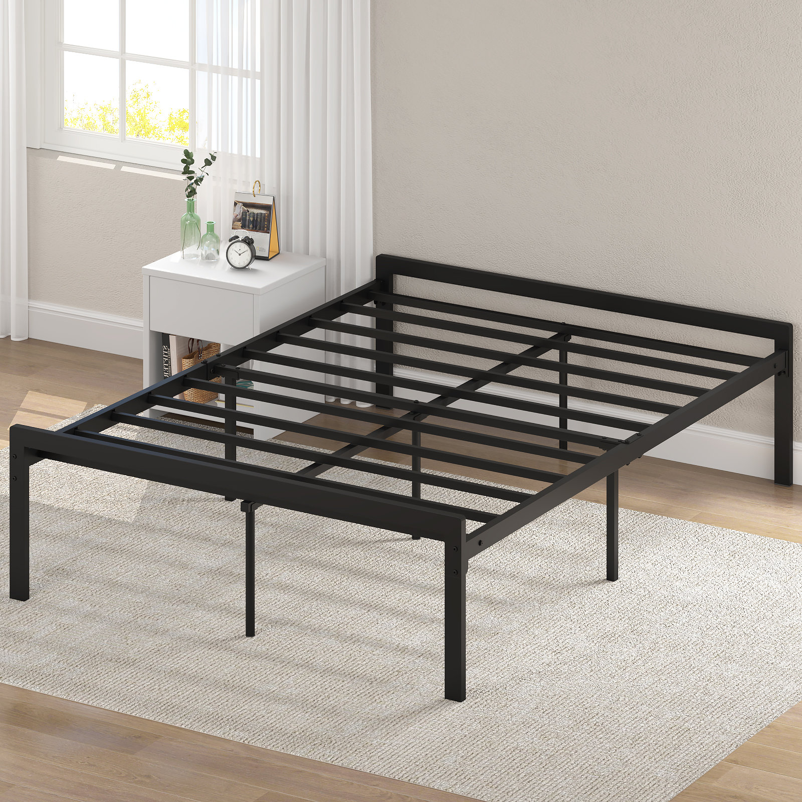 Metal Platform Bed Frame with Diamond Stitched Square Headboard - Overstock  - 38908974, image size:1600x1600