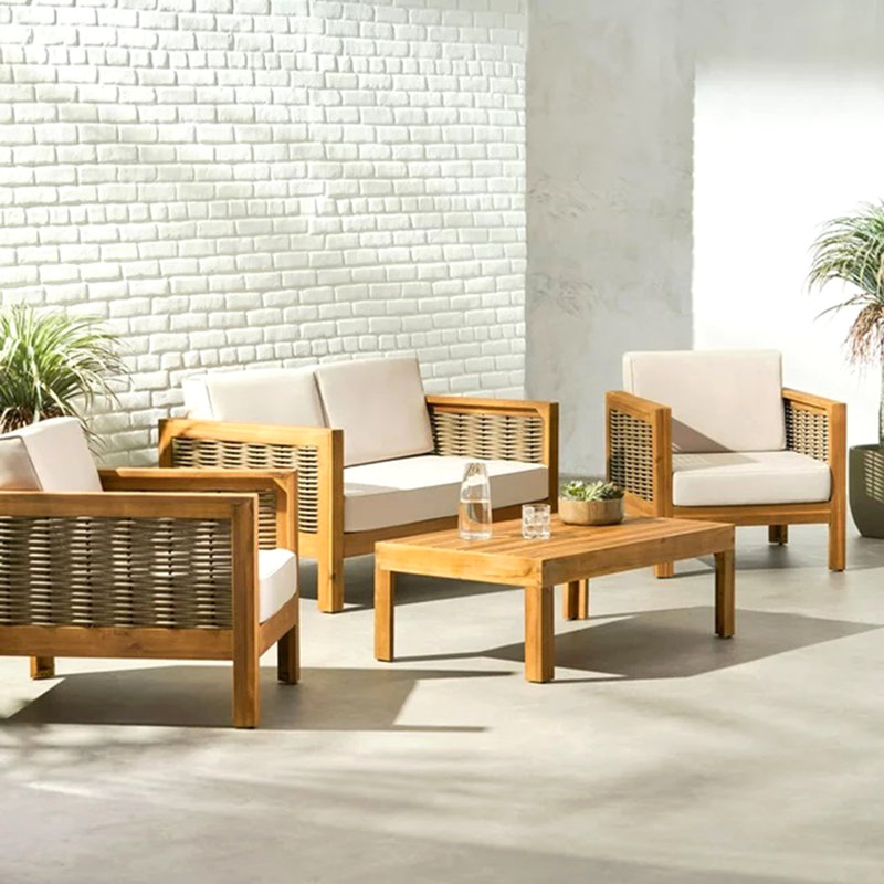 Ensemble de causeuse et table basse d'extérieur en bois d'acacia et osier avec coussins, teck et beige