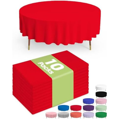 Plastic Table Cloth Disposable 10 Pack, 84'' Round Table Cloths, Valentines Day, Thanksgiving, Christmas Decorations, Fall Tablecloths, Round, Plastic Cover, Leakproof & Sturdy, Red