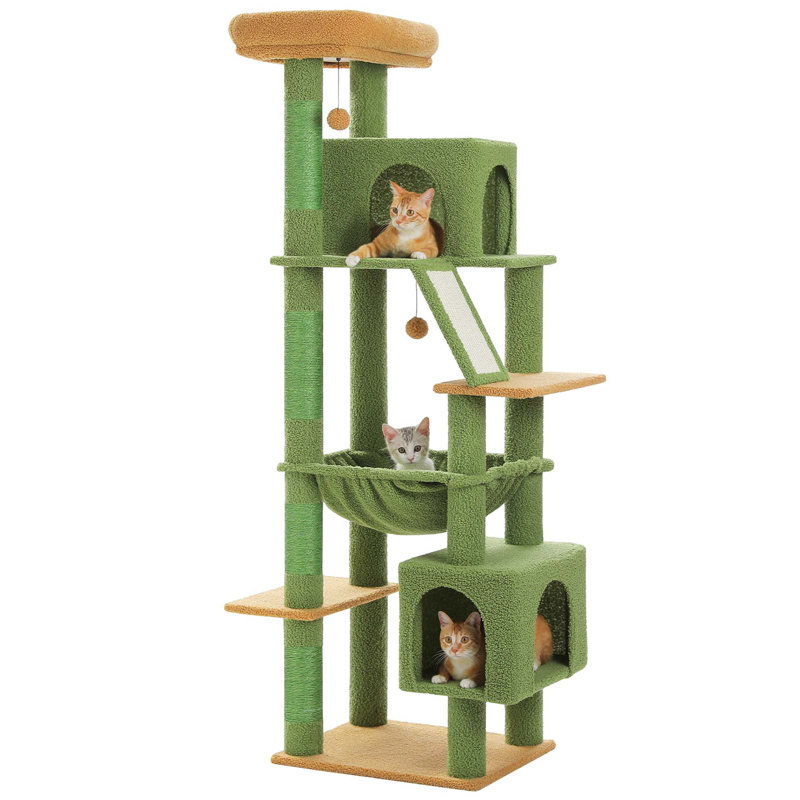 71" Green Multi-Level Cat Tree with Hammock and Condos