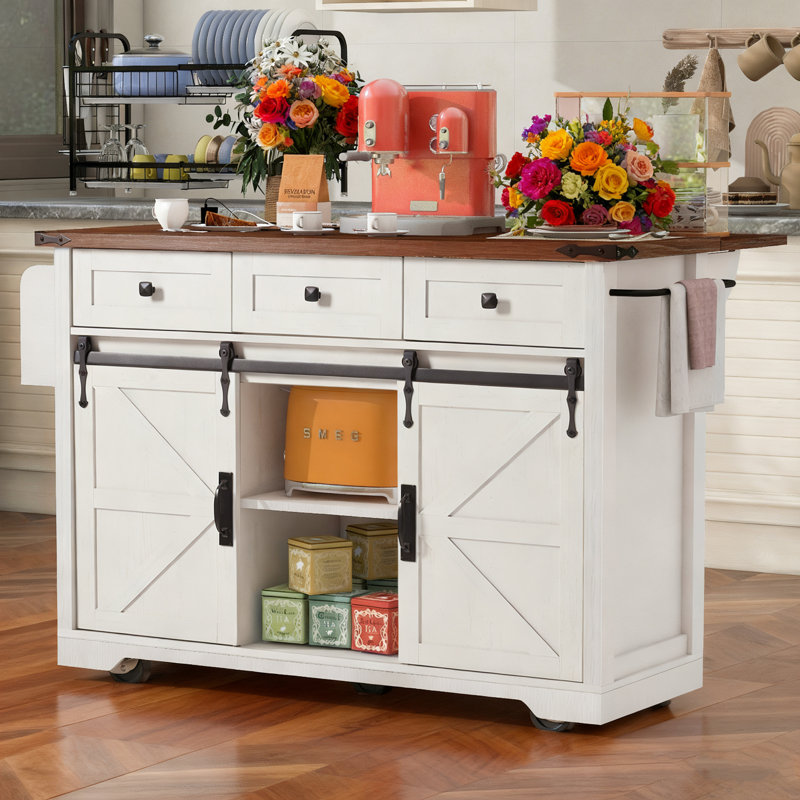 Îlot de cuisine en bois avec abattant l 53,7 po, Blanc