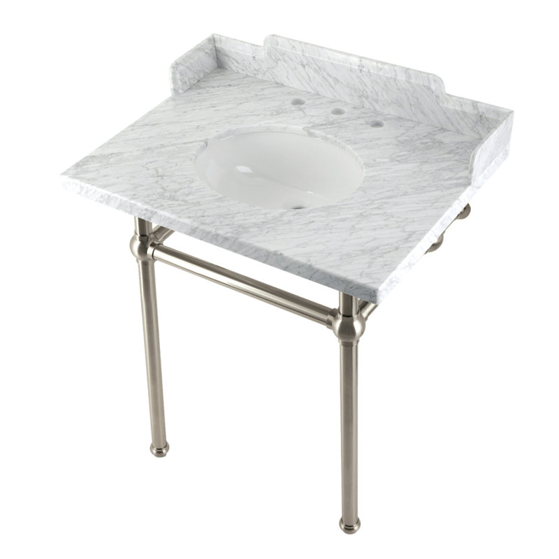 Kingston Brass Pemberton 30-Inch Carrara Marble Console Sink with Brass Legs (8-Inch, 3-Hole), Marble White/Brushed Nickel
