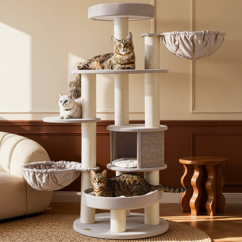 Arbre à chat multifonctionnel moderne H 65 po pour grands chats et MaineCoon, Beige