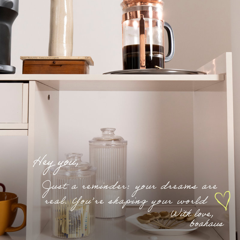 Boahaus Southampton Modern Home Bar Cabinet, Two Open Shelves, One Drawer, Compact for Small Spaces, White