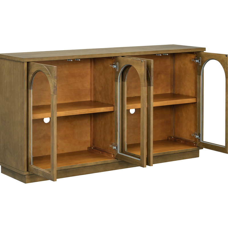 Buffet Old Pine avec 4 portes en verre. Style arqué à la mode. Espace de rangement copieux. Tablettes réglables. Fabrication robuste. Capacité de soutien de 200 lb. Capacité de 52 po. 250 en bas