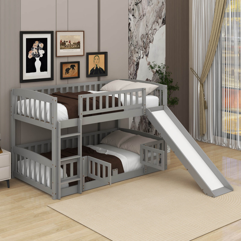 Low Bunk Beds, Kids Bunk Bed With Slide, Fence And Ladder, Wood Toddler Bunk Beds, Twin over Twin, Gray