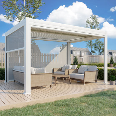 13 ft. W x 10 ft. D Outdoor Louvred Pergola with Auto-Adjustable Side Screen, Rainproof Roof, Thickened Aluminum Frame, and Remote-Controlled Light String for Deck, Patio & Hot Tub