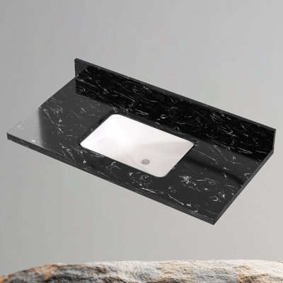 42'' W X 22'' D Engineered Stone Drop-in Vanity Top Black Single Sink Countertop Undermount Ceramic Center Drain Sink with 4 In. H Backsplash & Single Pre-drilled Faucet Hole