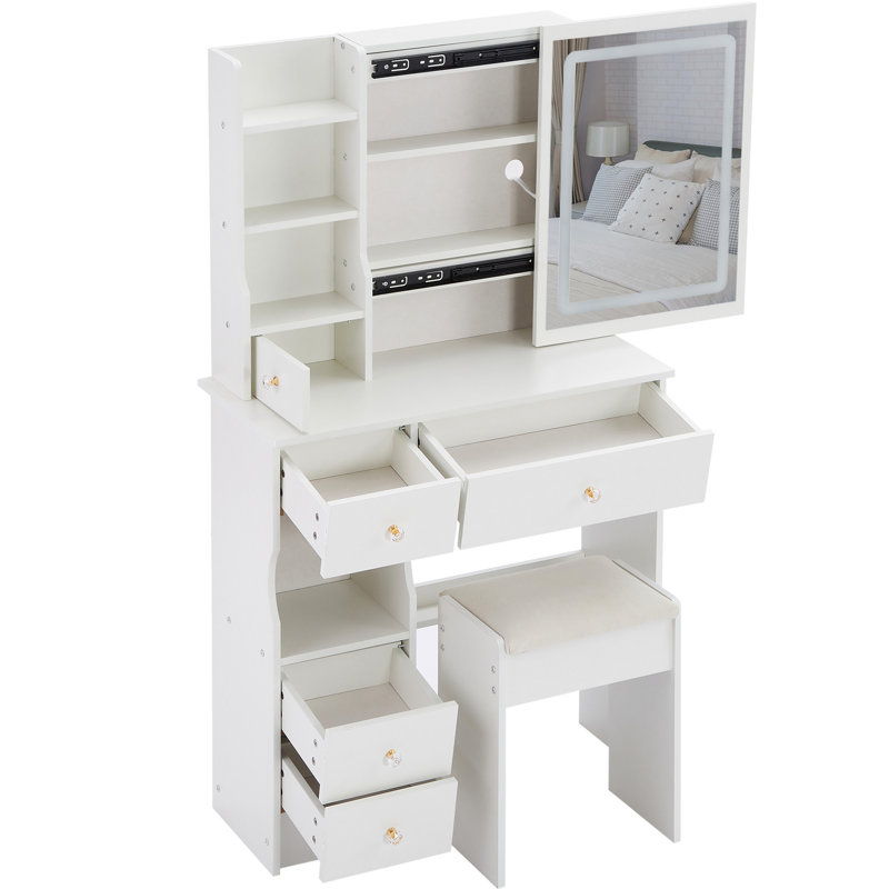 Meuble-lavabo à tiroir de 29,2 po avec tabouret rembourré à gauche, centrale électrique 2 AC + 2 intégrée, support pour sèche-cheveux, très grand miroir à DEL tactile tricolore et luminosité réglable, pour les petits
