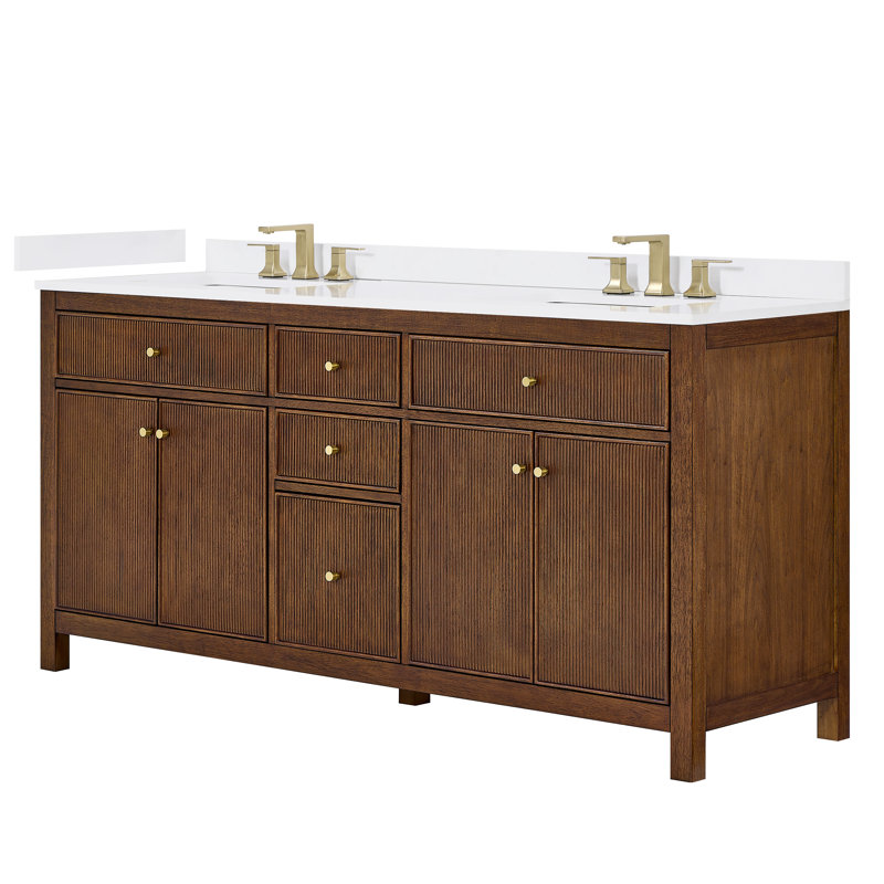 Pendry 72" Freestanding Double Bathroom Vanity with Top, Dark Walnut, Brushed Gold, Carrara Cultured Marble