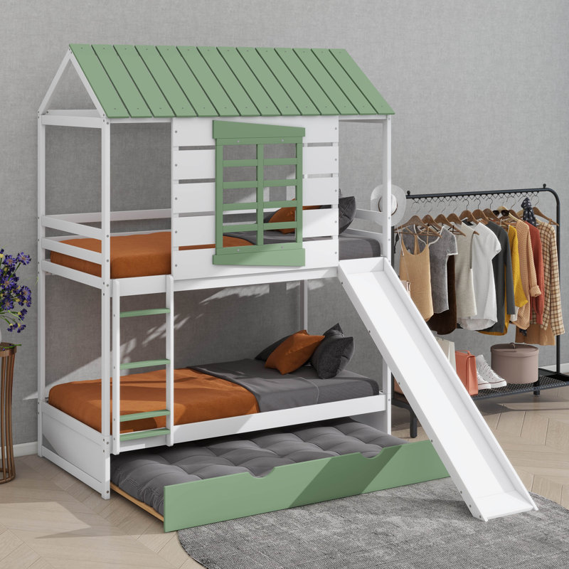 Twin-Over-Twin Bunk Bed With House-Themed Design, Boasting A Transformable Slide And Trundle Bed
