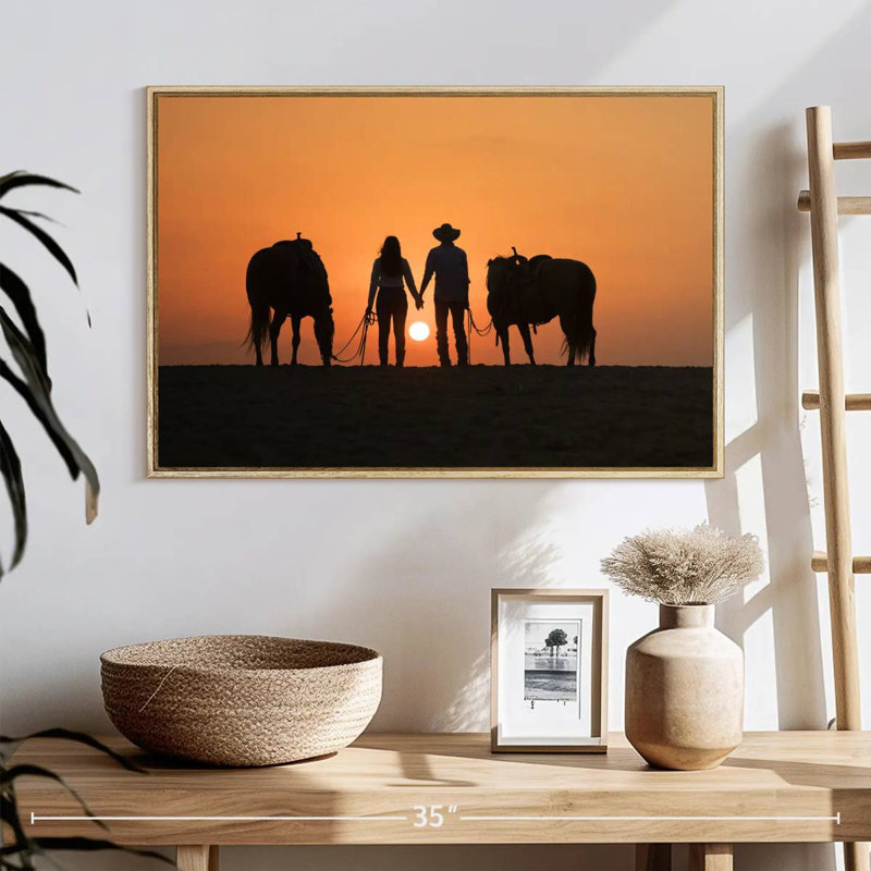 Couple de cowboys, Cadre flottant en bois naturel, 25 po x 17 po