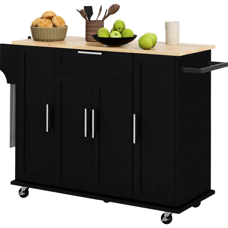Îlot de cuisine mobile avec surface en bois d'hévéa, tiroir, étagère à épices, porte-serviettes et tablettes de rangement réglables, roulettes noires